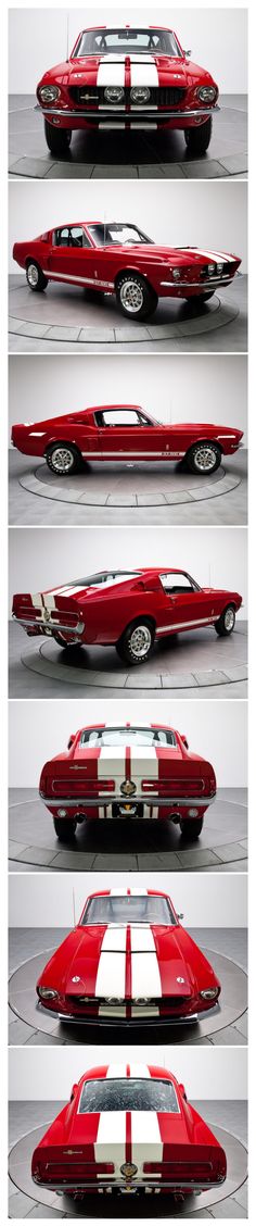 four different views of a red car with white stripes on the front and rear ends