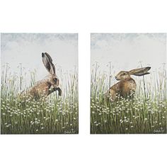 two paintings of rabbits in tall grass