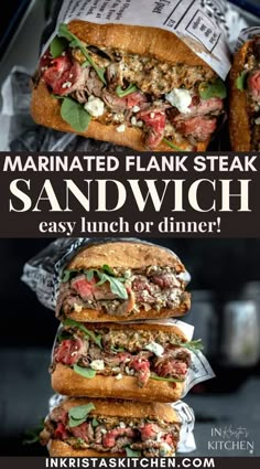 two sandwiches stacked on top of each other with the words marinated flan steak sandwich