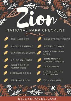 the national park checklist is shown on a black background with orange and white leaves