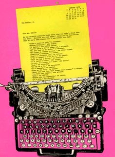 an old - fashioned typewriter with yellow paper on it's side and pink background