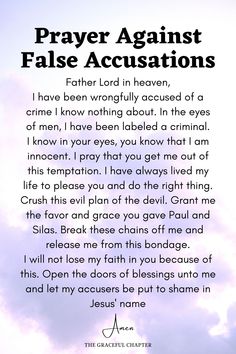 a poem written in front of a cloudy sky with the words prayer against false acclusions