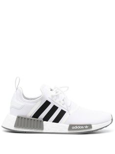 white/grey/black logo patch at the tongue front lace-up fastening round toe signature 3-Stripes logo pull-tab at the heel flat sole Black Nmd, Adidas Nmd R1, Nmd R1, Adidas Nmd, Birthday Wishlist, School Shoes, Black Logo, Pull Tab, Curator Style