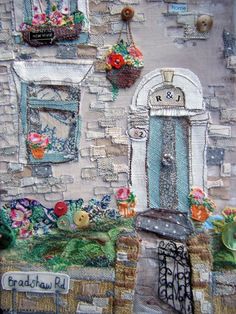 this is a painting of a house with flowers on it