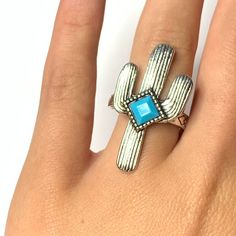 Silver Tone Cactus Ring With Blue Gemstone New Without Tags Size 8 Cactus, Cactus Ring, Blue Gemstones, Womens Jewelry Rings, Blue And Silver, Turquoise Ring, Silver Tone, Ring Size, Women Jewelry