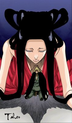 an anime character with long hair sitting on the ground