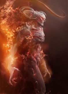 a digital painting of a man with fire around his body and arms in the air