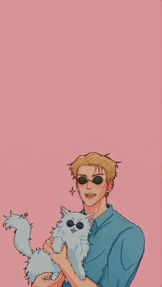 a drawing of a man holding a white cat with sunglasses on it's face