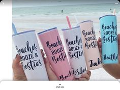 four different colored tumblers with the words beach booze and besties written on them