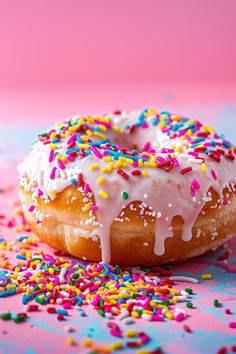 a donut covered in white frosting and sprinkles on a pink background