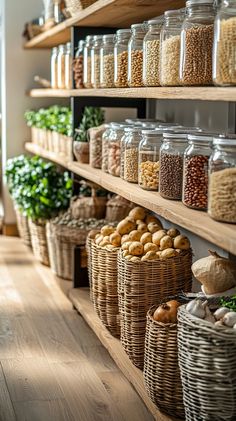 shelves filled with lots of different types of food in jars and baskets on wooden shelves