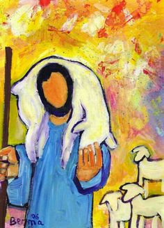 a painting of a person holding a lamb and wearing a blue outfit with sheep in the background