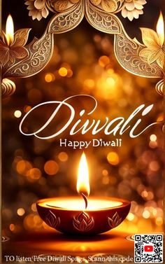 diwali happy diwali greeting card with lit candle and boket background