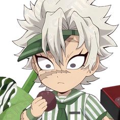 an anime character with white hair holding a green and white striped object in his hand