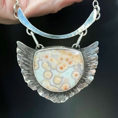 Luminous Ocean Jasper! Brilliant "Pagoda" Design. Sterling Silver. Fabulous Piece - Don't Miss. Length Of Pendant Is About 2-3/4" And Width Is About 2-5/16." Entire Necklace Can Be Worn At 18" Or 20." Original Price: $420.00. In Excellent Condition. (Please Recall, I Try My Best To Describe Color Accurately, But Color Differs With Each Device, So Understand When Buying On-Line That The Colors May Not Be Exactly As Your Screen Shows.) Handmade, Ooak, Handcrafted, Studio, Artisan Jewelry. Please B Jewelry Ocean, Silversmith Jewellery, Sterling Necklaces, Ocean Jasper, Jewelry Inspo, Artistic Jewelry, Stone Settings, Jewelry Ideas, Artisan Jewelry