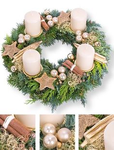 a christmas wreath with candles, ornaments and other items around it in three different pictures