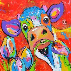 a painting of a cow with flowers in its mouth