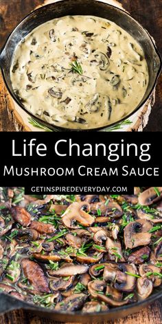 creamy mushroom sauce for beef in a skillet on a wooden table with text overlay