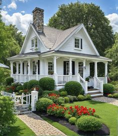 a white house with lots of flowers and bushes around it's front porch area