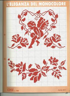 a cross stitch pattern with red flowers and leaves on white paper, in the shape of a heart