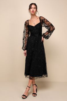 You'll twirl your way into everyone's heart in the Lulus Darling Charisma Black Mesh Embroidered Midi Dress! Elegant floral embroidered mesh shapes a sweetheart neckline (with hidden no-slip strips) and sheer, long balloon sleeves (with elasticized shoulders and cuffs) that can be styled on or off the shoulders. A tying sash belt punctuates the high waist that sits atop a flowy skater skirt that ends at a chic midi hem. Hidden back zipper/clasp. Fit: This garment fits true to size. Length: Mid-c Formal Tea Dress, Fall Formal Midi Dress, Winter Cocktail Dress Wedding, Celestial Midi Dress, Modern Formal Dresses For Women, Professional Gala Dress, Winter Guest Dress Wedding, Long Sleeve Black Dress Midi, Long Sleeve Sweetheart Dress