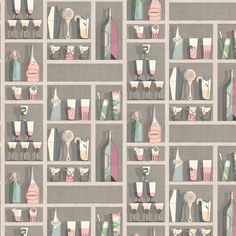 a wall with many different types of bottles and glasses on it's sides, all in pastel colors