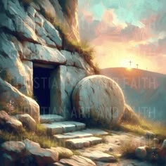 an artistic painting of a cave with steps leading up to it and a cross in the background