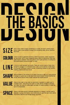 a poster with the words design the basicss in black and yellow on top of it