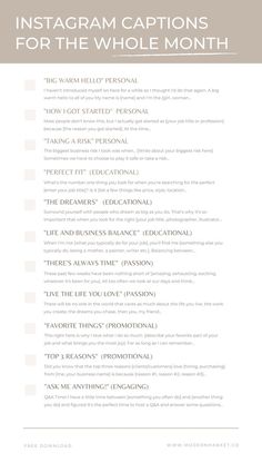 the info sheet for instagram captions for the whole month