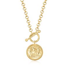 Ross-Simons - 18kt Gold Over Sterling Coin Toggle Necklace. 18". Handcrafted in polished 18kt yellow gold over sterling silver, this luxe toggle necklace presents a stately coin suspended from a classic rolo chain. Textured and polished finishes. 18kt gold over sterling coin toggle necklace. Toggle Necklace, Rolo Chain, Coin, Fine Jewelry, Jewelry Necklaces, Yellow Gold, Sterling Silver, Chain, Yellow