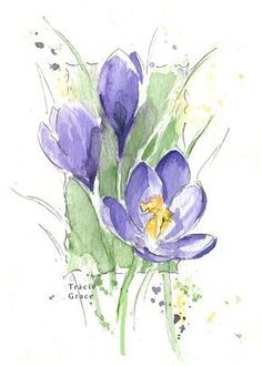 watercolor painting of purple flowers with green leaves