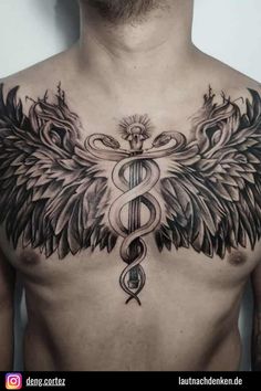 a man with wings and a cadus tattoo on his chest