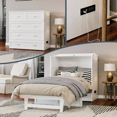 there are two pictures of a bedroom with white furniture and accessories in the same room