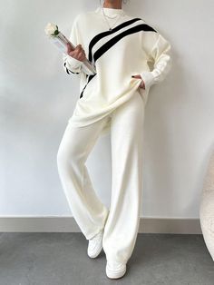 Women's Striped Half-high Collar Sweater Two-piece Set White Casual  Long Sleeve Fabric Striped Pants Slight Stretch  Women Clothing, size features are:Bust: ,Length: ,Sleeve Length: Half Sweater Outfits, Sweater Two Piece Set, Half Sweater, Pullover Outfit, Striped Turtleneck, Flare Leg Pants, Belted Coat, Collar Sweater, Long Sleeve Knit Tops