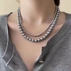 Gray Pearl Necklace for Women's French Luxury Retro Jewelry Big Pearl Necklace, Grey Necklace, Y2k Earrings, Grey Pearl Necklace, Pearl Chain Necklace, Layered Chain Necklace, Big Pearl, Layered Chains, Pearl Choker Necklace