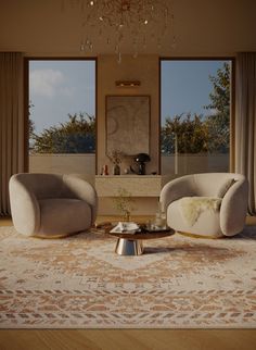 a living room with two chairs and a coffee table in front of a large window