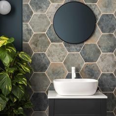 a bathroom sink sitting under a mirror next to a potted plant