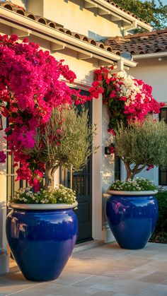 two large blue vases filled with flowers on top of a tiled floor next to a building