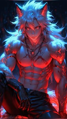 an anime character with white hair and blue eyes sitting on the ground in front of red lights