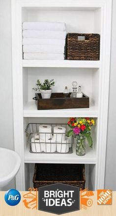 the bathroom is clean and ready to be used as a storage area for towels, toiletries