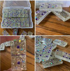 four pictures showing how to make glitter coasters with glass tiles and glue on them