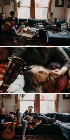 two pictures of a person sitting on a couch with a guitar in front of them