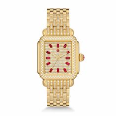 Take a look at this extravagant watch from the Michele's Deco Collection. This collection takes reference of the its architectural influence with geometric shapes in Art Deco. This one of 50 watch features pav diamonds on the dial and baguette rubies as markers. Equipped with a gold-plated interchangeable strap that can switched with any 18mm Michele strap. Oval Engagement Ring, Luxe Jewelry, Oval Engagement, Punk Vintage, Engagement Rings Oval, Diamond Set, Diamond Watch, Dream Jewelry, Solitaire Engagement