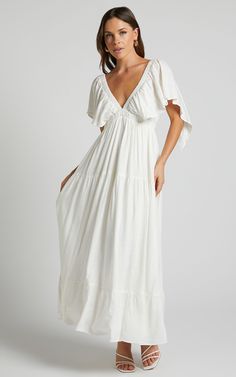 Lyrad Midi Dress - Linen Look Empire Waist Textured Dress in White A-line Rayon Dress For Vacation, Flowy A-line Dress For Brunch, Flowy A-line Brunch Dress, Elegant White V-neck Boho Dress, White Flowy Rayon Maxi Dress, White Rayon Maxi Dress For Beach, Feminine Rayon Dresses With Ruffles, Chic Empire Waist Maxi Dress For Casual Occasions, Chic Empire Waist Maxi Dress For Casual Wear