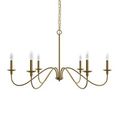 a brass chandelier with five lights hanging from the ceiling and four arms down