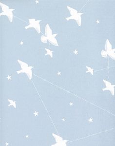 white birds flying in the sky on a blue background with stars and lines drawn across it