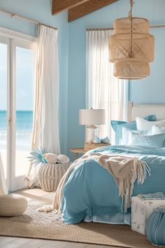 a bedroom with blue walls and white curtains