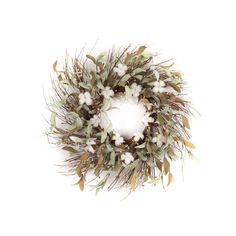 a wreath with cotton and leaves is shown on a white background for use as an ornament