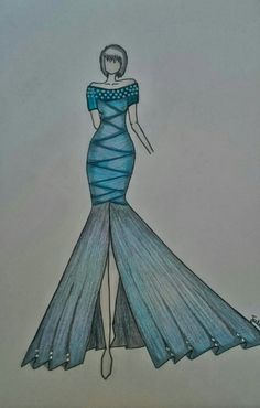 a drawing of a woman in a blue dress