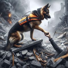 a german shepard dog in an orange vest is on top of a pile of rubble